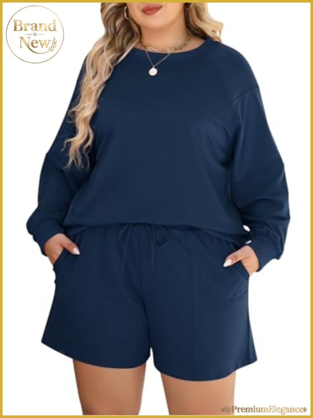 Plus Size 2 Piece Sweatsuit Set Long Sleeve Top Drawstring Shorts Lounge